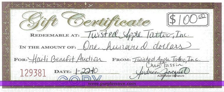image for item 1071 Twisted Apple Tattoo $100 gift certificate