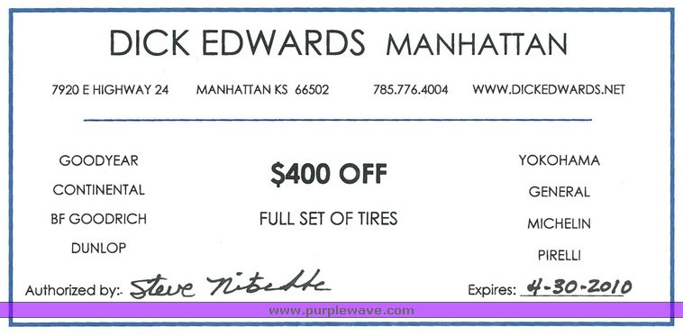 image for item 1122 $400 off of a full set of tires at Dick Edwards in Manhattan