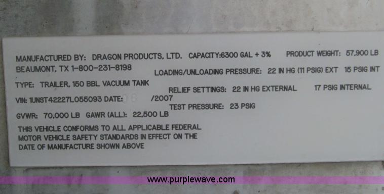 image for item F3200 2007 Dragon 150BBL vacuum trailer