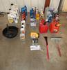 Assorted automotive accessories Motor oil Oil pan Funnel Gas cans Ice scraper Squeegee Flashlight Ba...