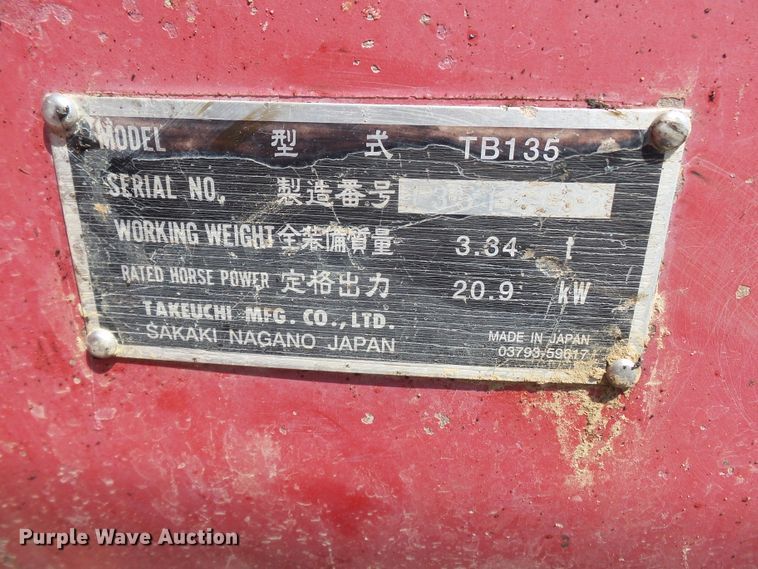 image for item DE8000 2006 Takeuchi TB135 mini excavator