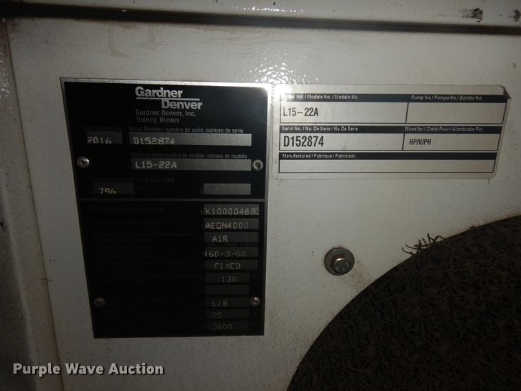 image for item KU9217 2016 Gardner Denver L15-22A air compressor system