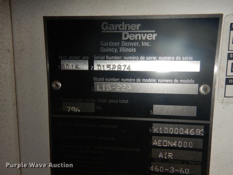 image for item KU9217 2016 Gardner Denver L15-22A air compressor system