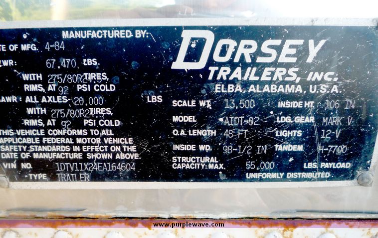 image for item 3926 1984 Dorsey tandem axle van trailer
