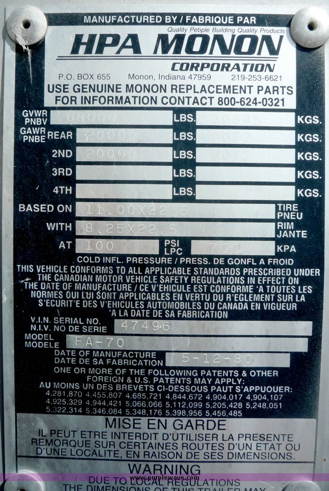 image for item 4022 1980 HPA Monon tandem axle van trailer
