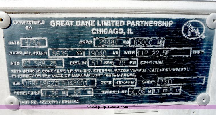 image for item 4024 1985 Great Dane tandem axle van trailer