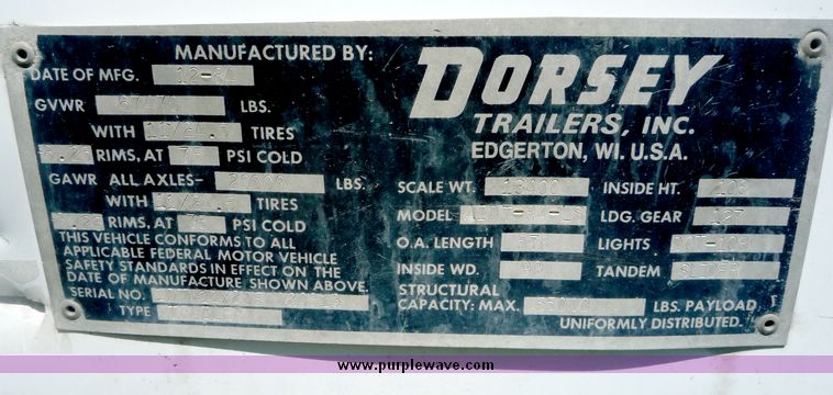 image for item 4027 1985 Dorsey tandem axle van trailer