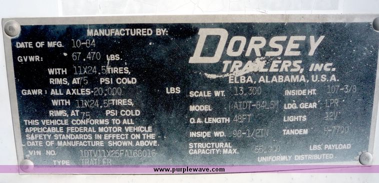 image for item 5000 1985 Dorsey AIDT-84LS tandem axle van trailer