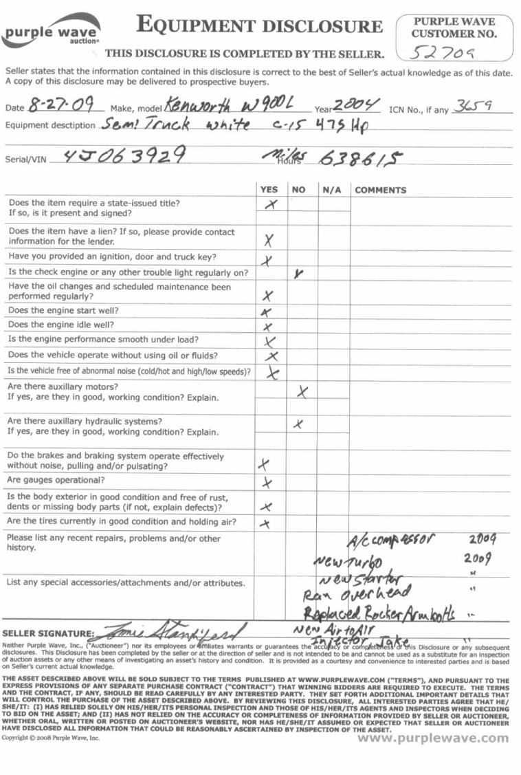 image for item 3659 2004 Kenworth W900L tractor truck