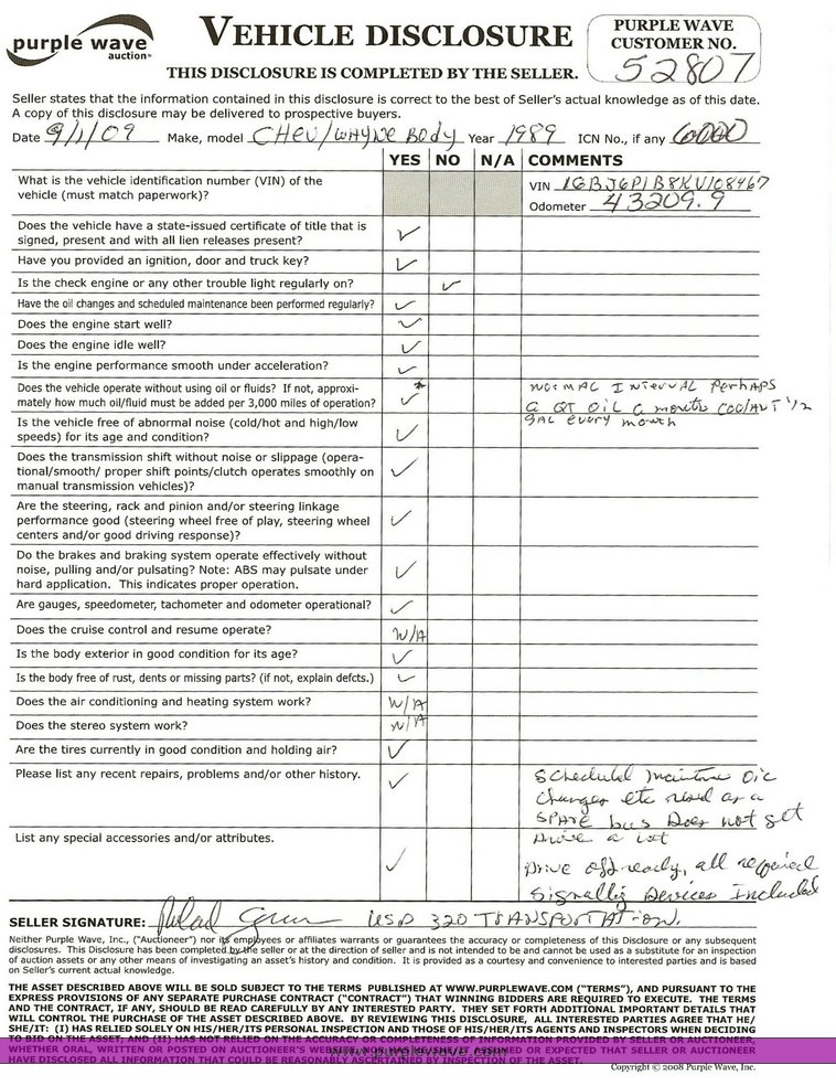 image for item 6000 1989 Chevrolet S6000 Wayne body bus