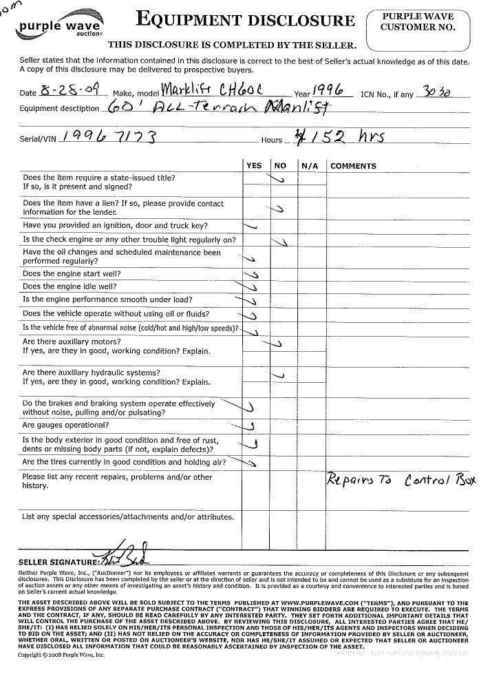 image for item 3030 1996 Mark Lift CH60L 60' all-terrain man lift