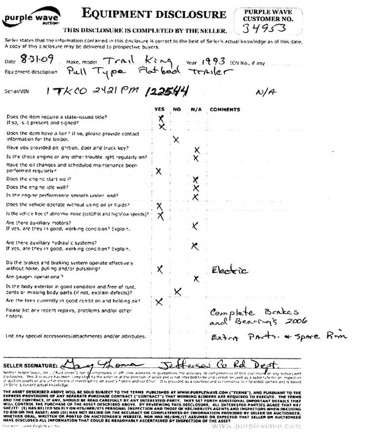 image for item 4089 1993 Trail King tandem axle trailer