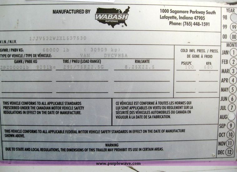 image for item 8069 1999 Wabash 53' dry van trailer