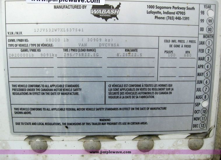 image for item 8070 1999 Wabash 53' dry van trailer