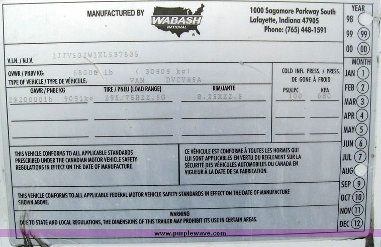 image for item 8072 1999 Wabash 53' dry van trailer