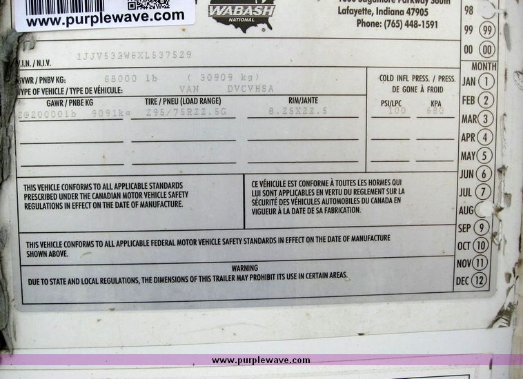 image for item 8075 1999 Wabash 53' dry van trailer