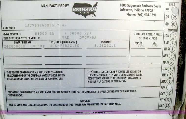 image for item 8076 1999 Wabash 53' dry van trailer