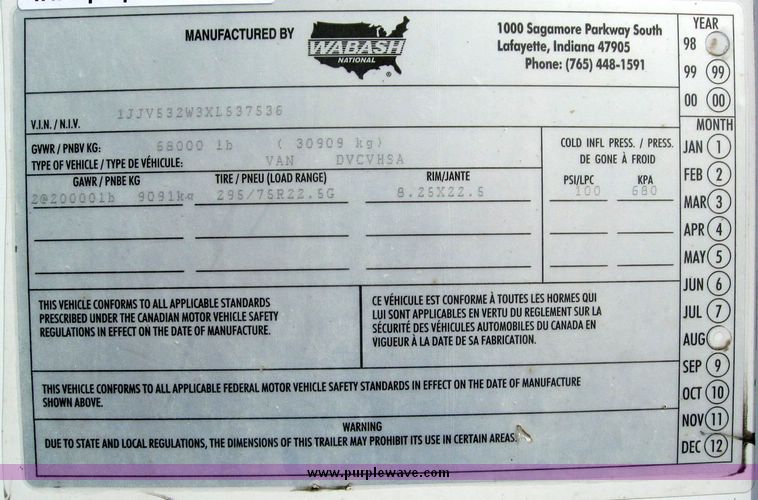 image for item 8079 1999 Wabash 53' dry van trailer