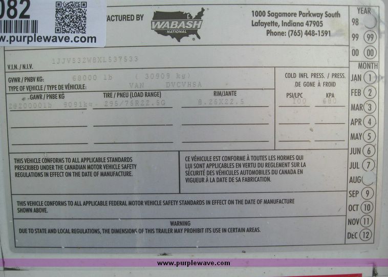 image for item 8082 1999 Wabash 53' dry van trailer