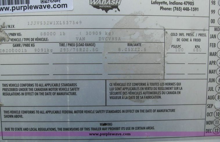 image for item 8085 1999 Wabash 53' dry van trailer