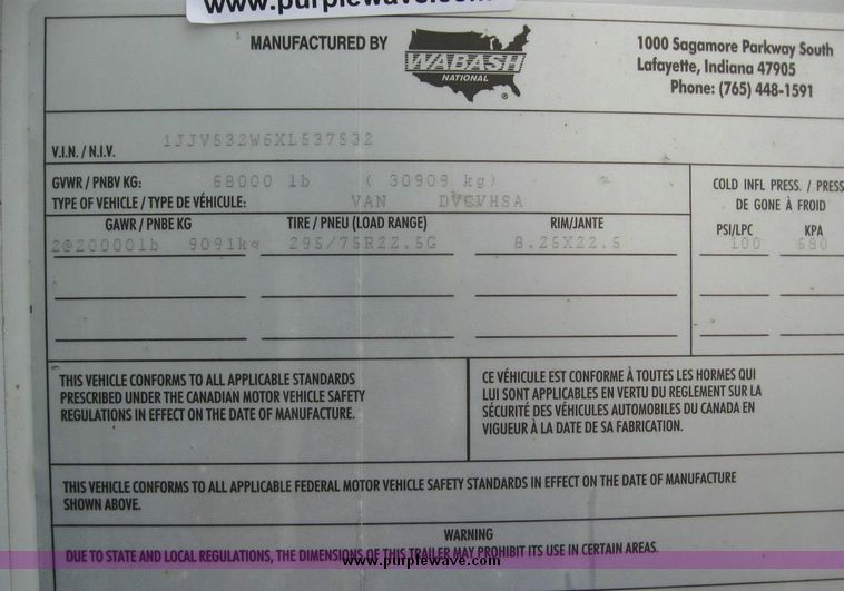 image for item 8088 1999 Wabash 53' dry van trailer