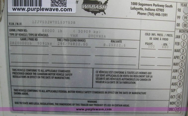 image for item 8091 1999 Wabash 53' dry van trailer