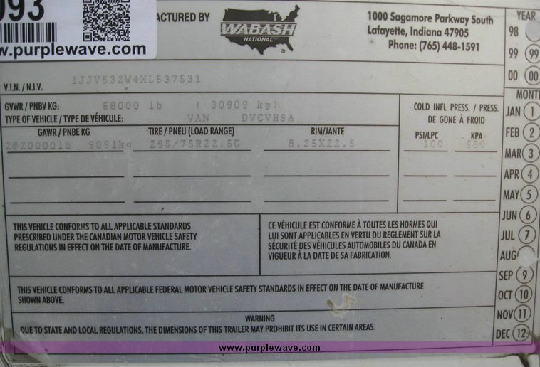 image for item 8093 1999 Wabash 53' dry van trailer
