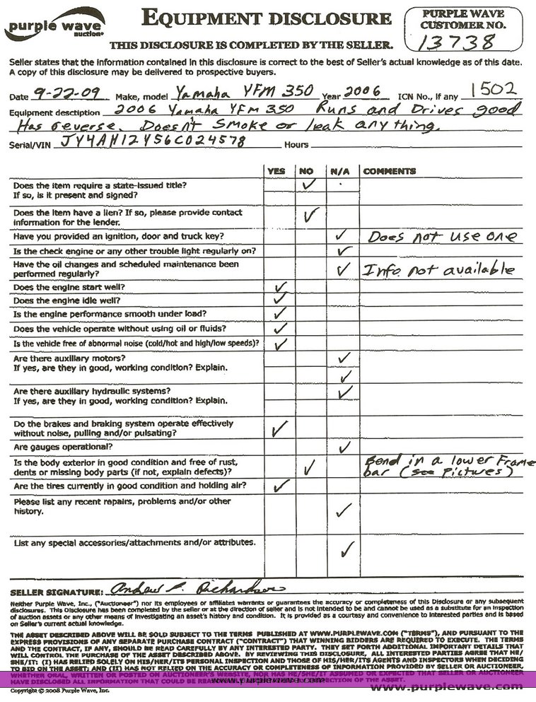 image for item 1502 2006 Yamaha YFM350 four-wheel ATV