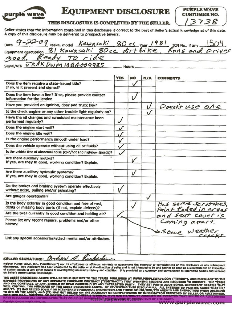 image for item 1504 1981 Kawasaki 80cc dirt bike