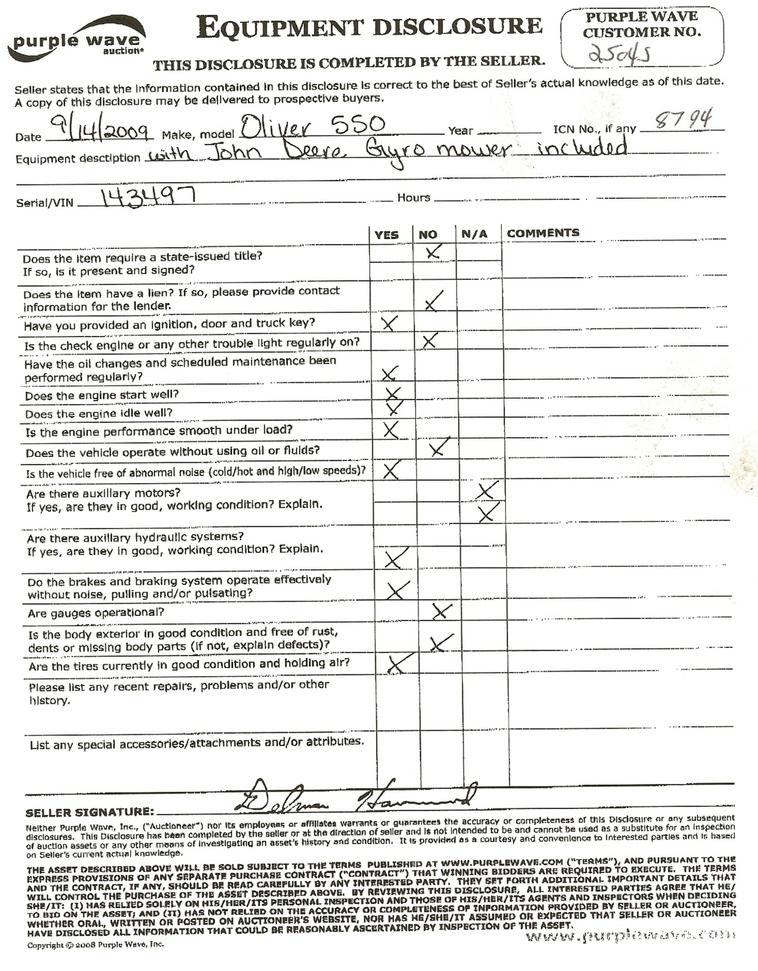 image for item 8794 Oliver 550 tractor with John Deere 6' gyro mower