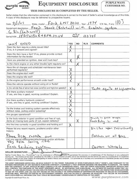 image for item 1103 1994 Ford L800 triple axle truck with Ledwell six bin feed delivery body