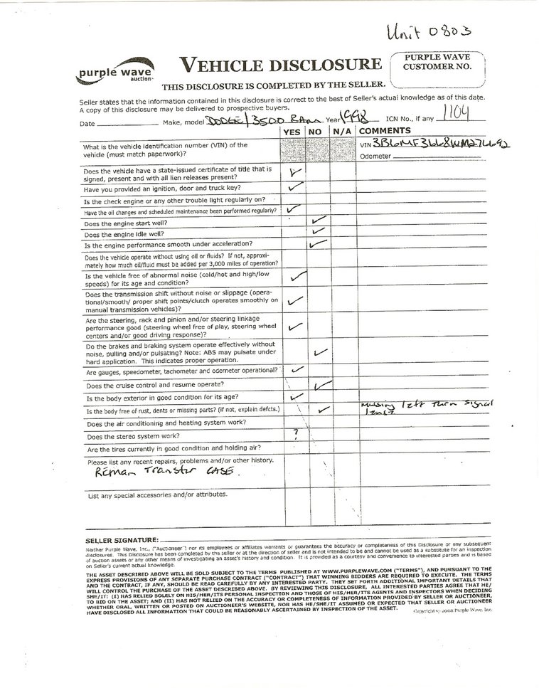 image for item 1104 1998 Dodge Ram 3500 pickup truck