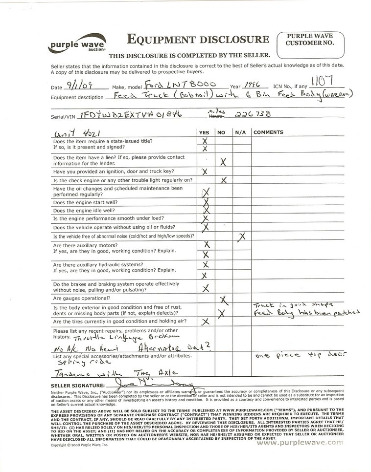 image for item 1107 1996 Ford LNT8000F triple axle food delivery truck with warren six bin feed body