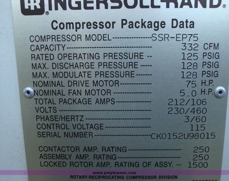 image for item 1201 Ingersoll Rand SSR-EP75 compressor with dryer and tank