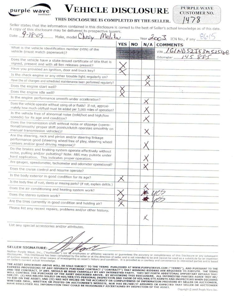image for item 8615 2003 Chevrolet Malibu four door sedan