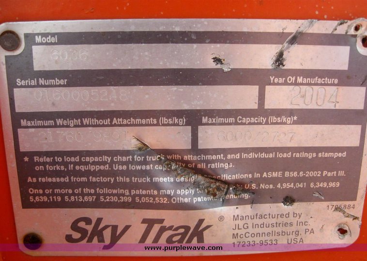 image for item 6771 2004 SkyTrak 6036 telehandler