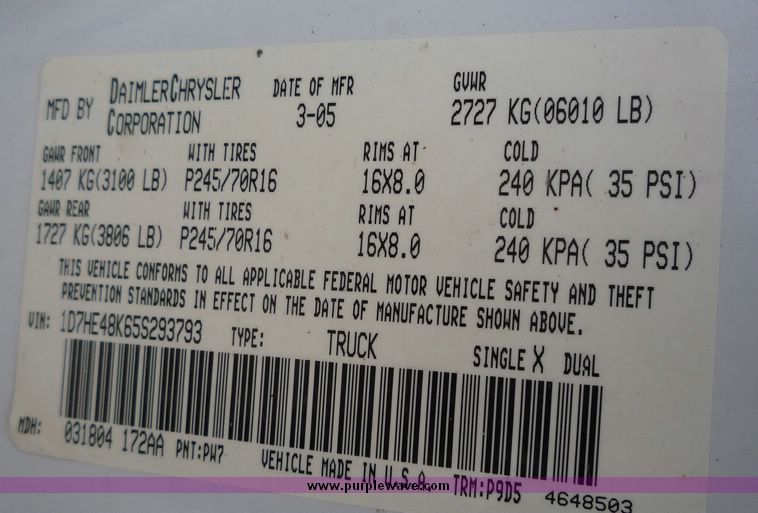 image for item 2065 2005 Dodge Dakota Quad Cab SLT pickup truck