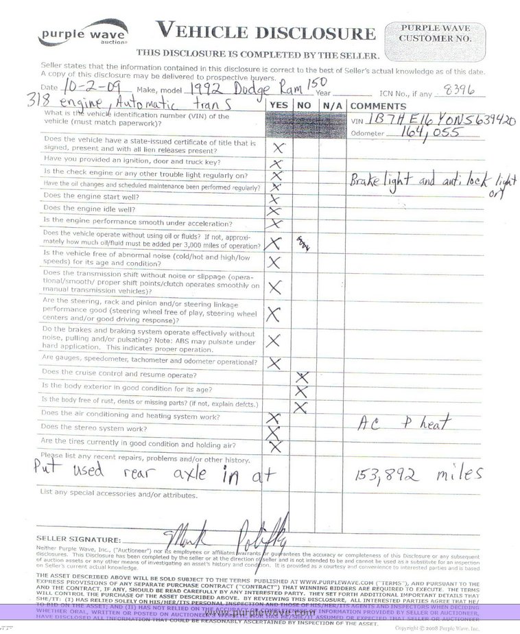 image for item 8396 1992 Dodge D-150 pickup truck