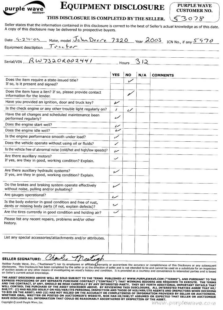 image for item 5970 2003 John Deere 7320 tractor