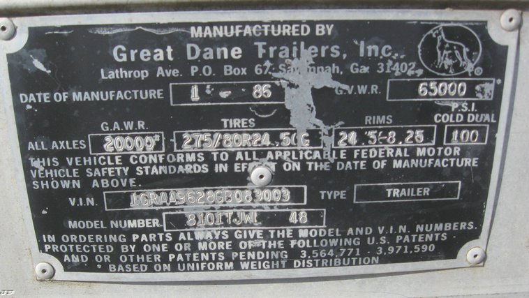 image for item 6538 1986 Great Dane 8101TJWL48 48' dry van trailer