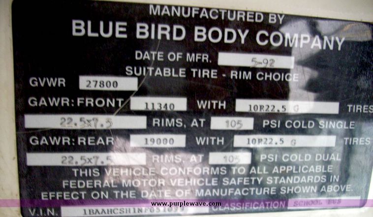 image for item 5062 1992 Blue Bird 71 capacity bus
