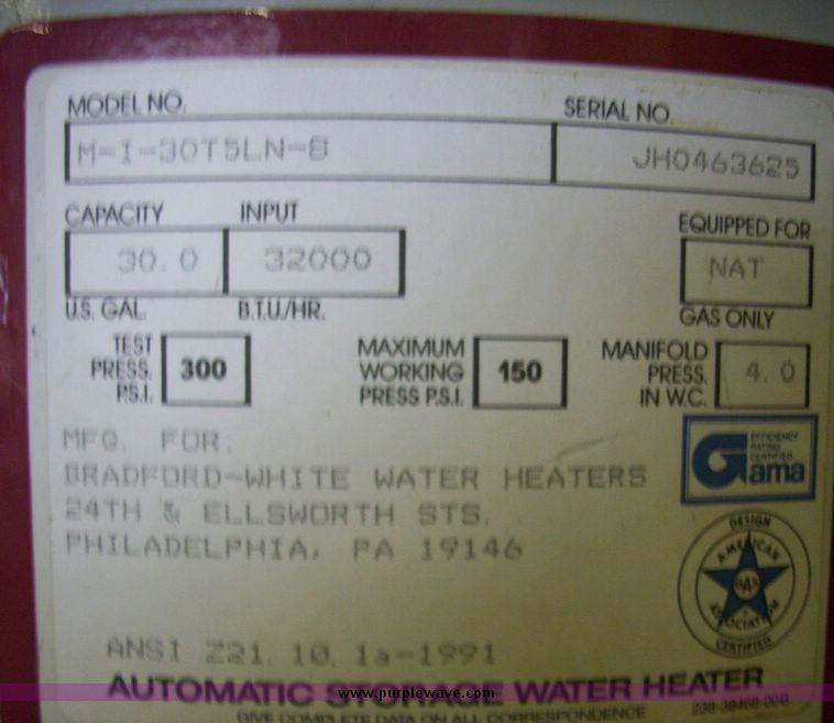 image for item 5096 Bradford White 30 gallon hot water tank