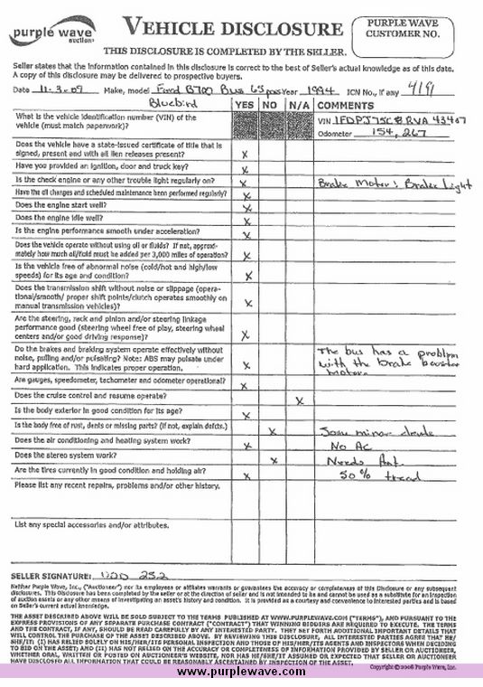 image for item 4191 1994 Ford B700 65 passenger bus