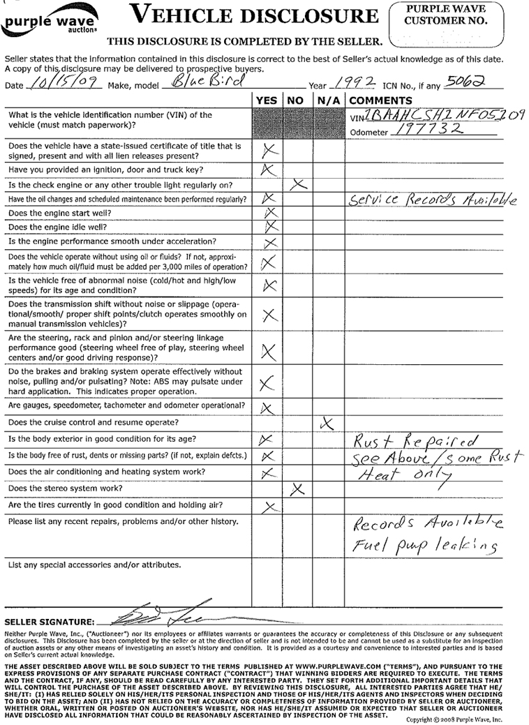 image for item 5062 1992 Blue Bird 71 capacity bus