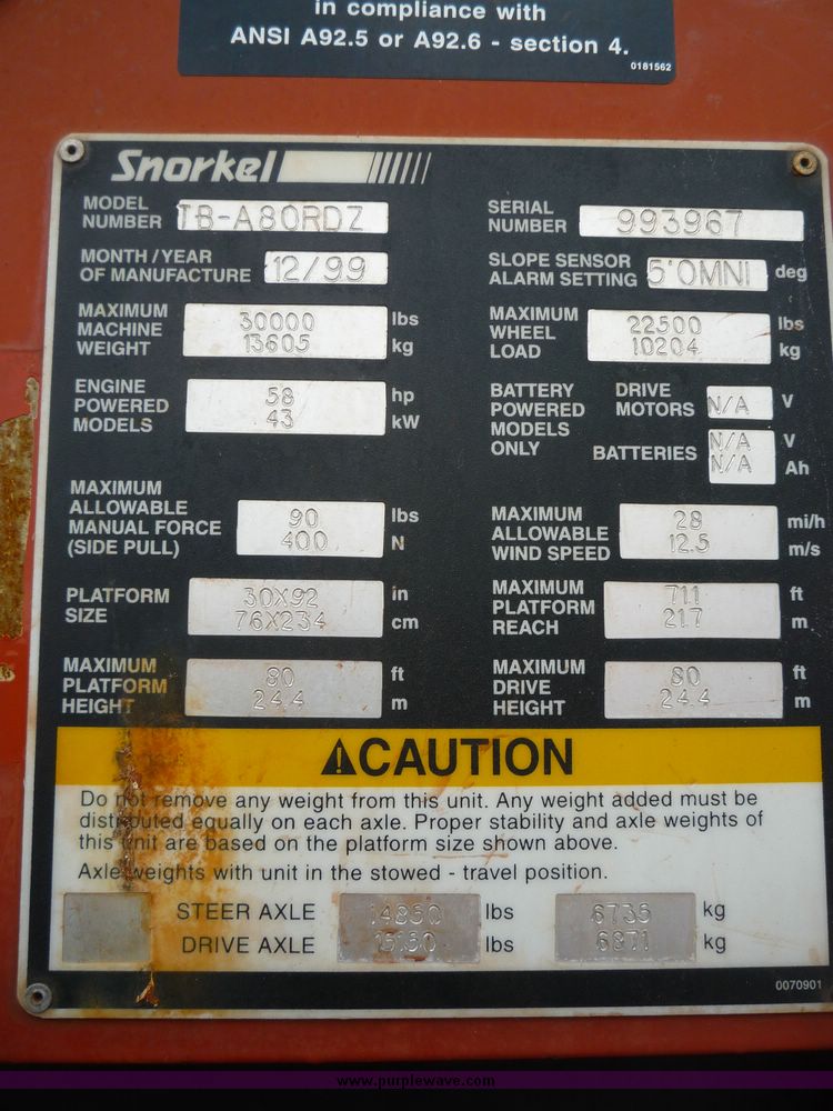 image for item 5080 1999 Snorkel TB-A80RDZ boom lift