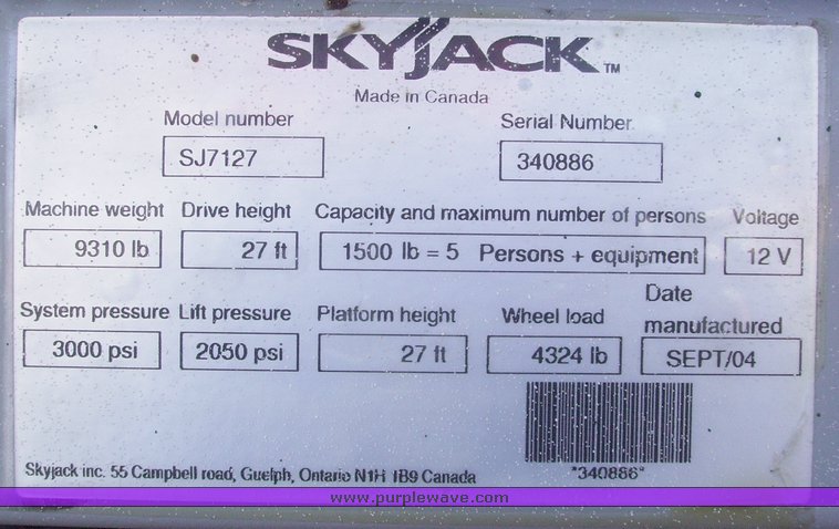 image for item 1004 2004 Skyjack SJ 7127 scissor lift