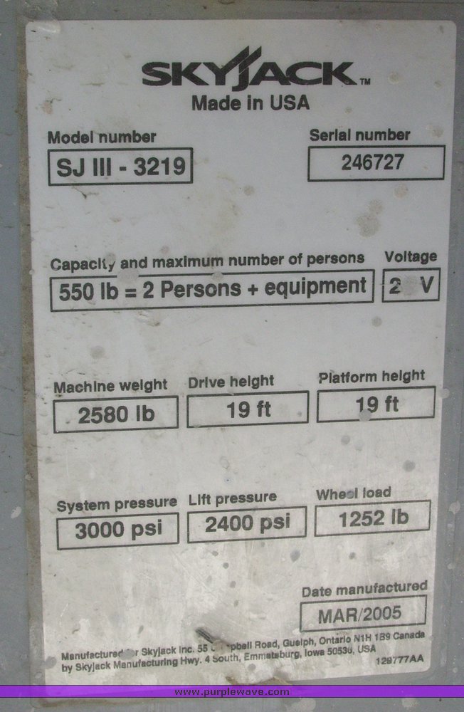 image for item 1100 2005 Skyjack SJIII-3219 scissor lift