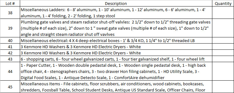 image for item 1005 Assorted ladders, plumbing gate valves and steam radiator valves, electrical boxes, shopping carts, assorted office items, and washer and dryers