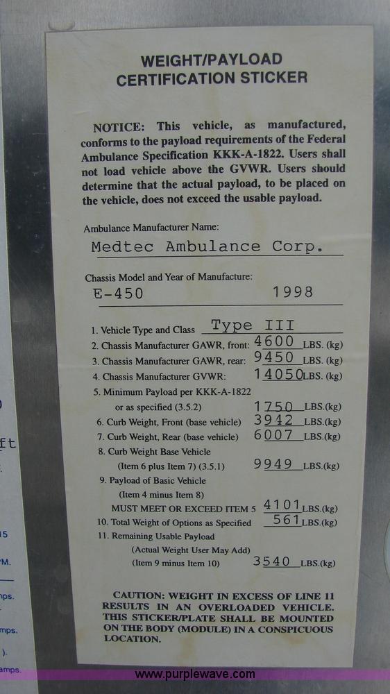 image for item 3145 1998 Ford E-450 Super Duty RV Medtec ambulance