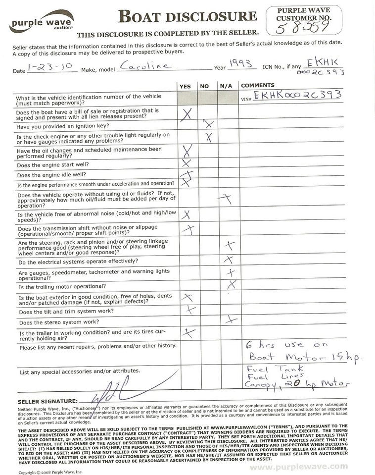 image for item 6626 1993 Carolina V bottom fiberglass boat with trailer